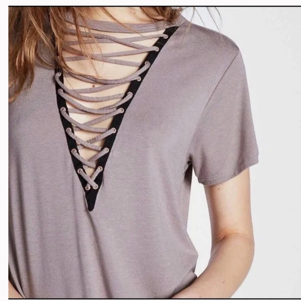 Deep Lace Up V-Neck Tee from Express in Mauve